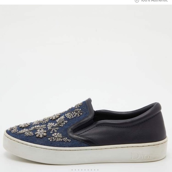 Dior Blue/Black Denim and Leather Happy Crystals Slip On Sneakers 36 1/2 - Picture 12 of 12